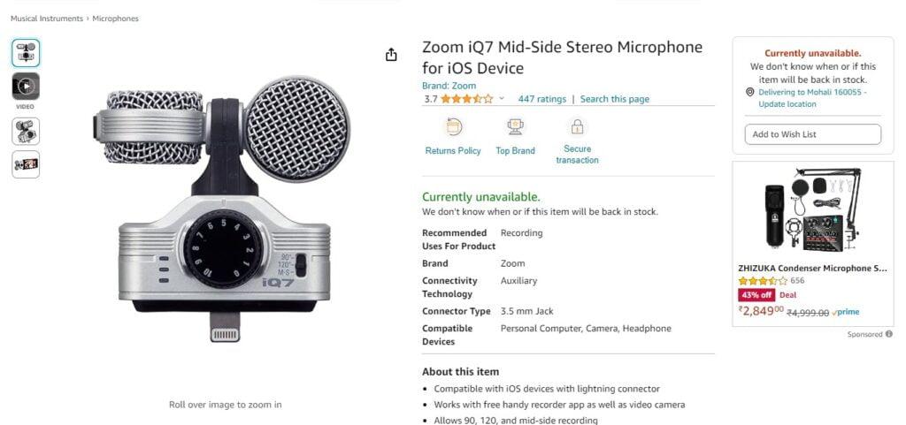 Zoom iQ7 Mid-Side Stereo Microphone