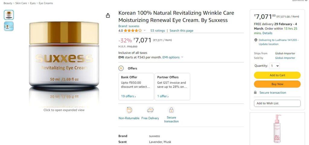 Korean 100% Natural Revitalizing Wrinkle Care Moisturizing Renewal Eye Cream. By Suxxess