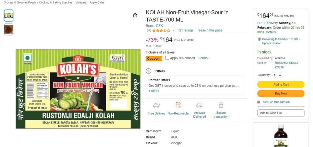 KOLAH Non-Fruit Vinegar-Sour in TASTE-700 ML