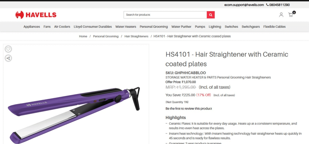  Havells HS4101 Ceramic Plates Fast Heat up Hair Straightener