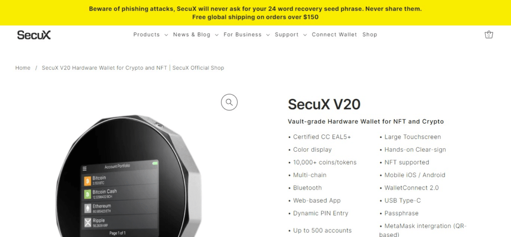 SecuX V20 (Best cold wallet for crypto)