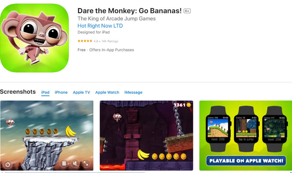 Dare the Monkey: Go Bananas! Best Apple Watch Games